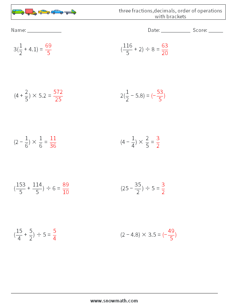 three fractions,decimals, order of operations with brackets Math Worksheets 16 Question, Answer