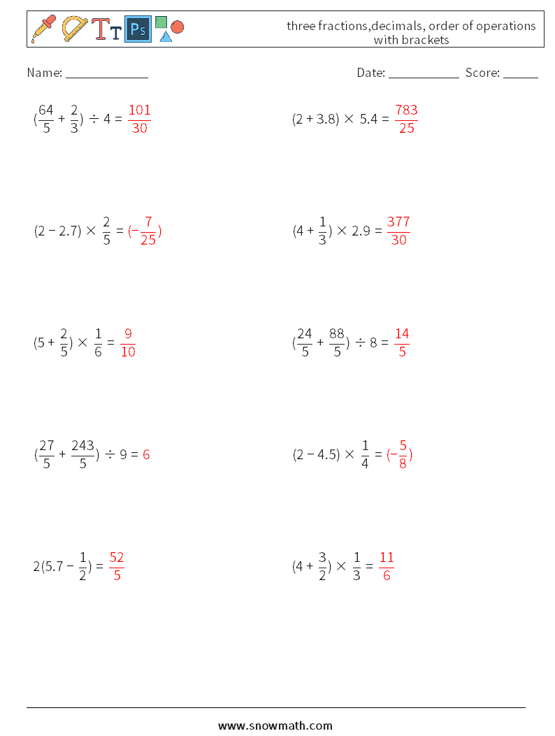 three fractions,decimals, order of operations with brackets Math Worksheets 17 Question, Answer