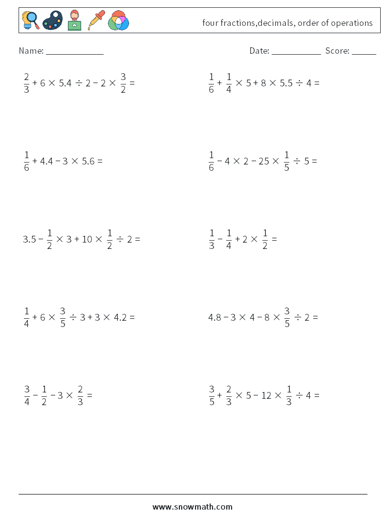 four fractions,decimals, order of operations Math Worksheets 10