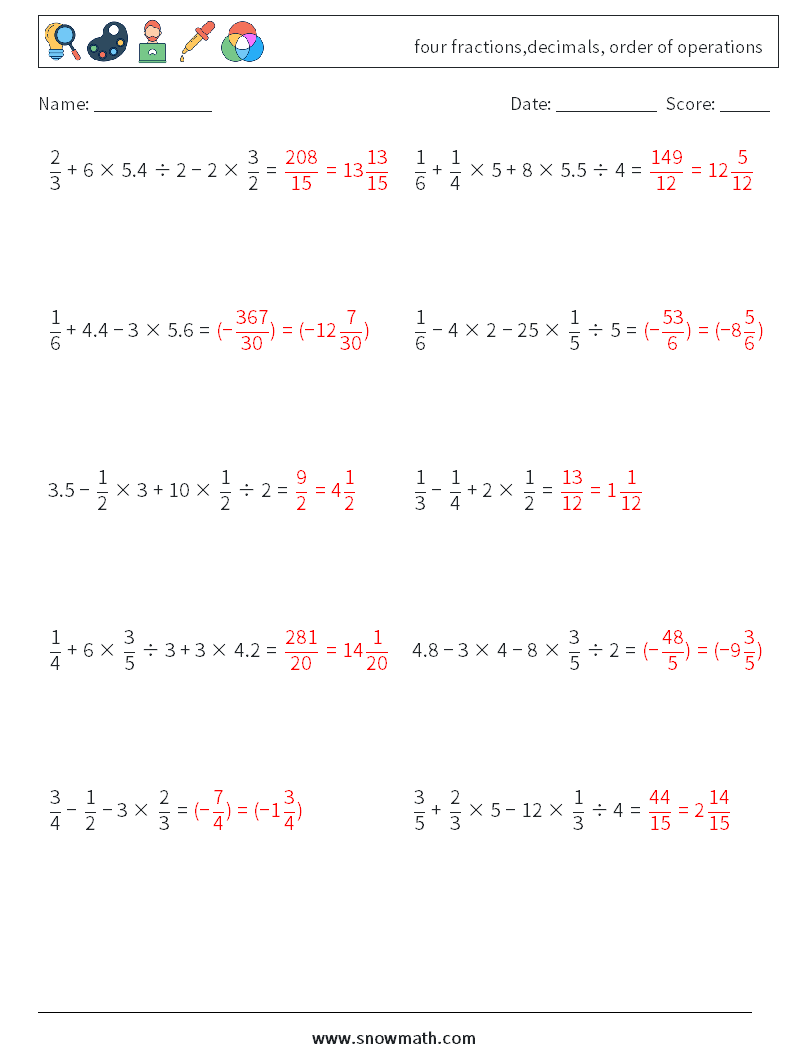 four fractions,decimals, order of operations Math Worksheets 10 Question, Answer