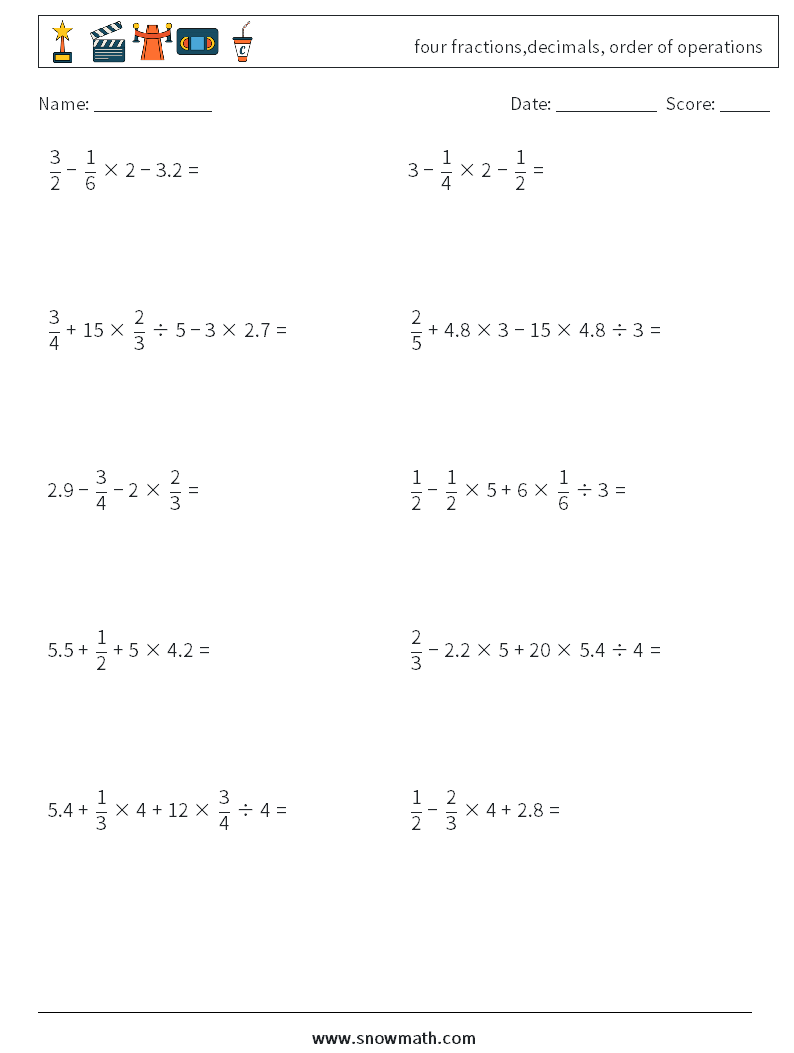 four fractions,decimals, order of operations Math Worksheets 11