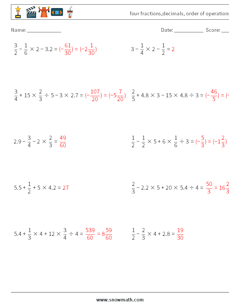 four fractions,decimals, order of operations Math Worksheets 11 Question, Answer