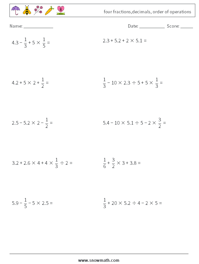 four fractions,decimals, order of operations Math Worksheets 12