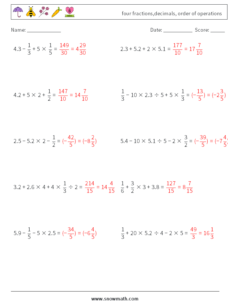 four fractions,decimals, order of operations Math Worksheets 12 Question, Answer