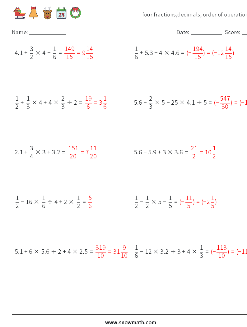 four fractions,decimals, order of operations Math Worksheets 13 Question, Answer