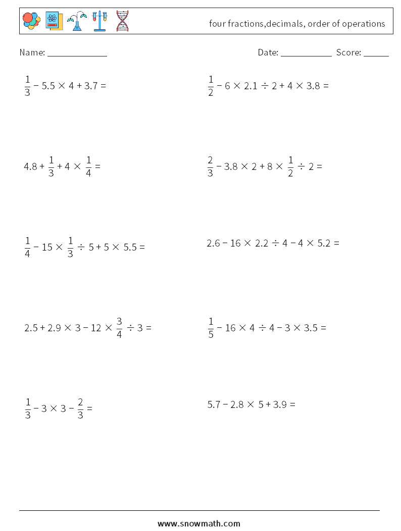 four fractions,decimals, order of operations Math Worksheets 14