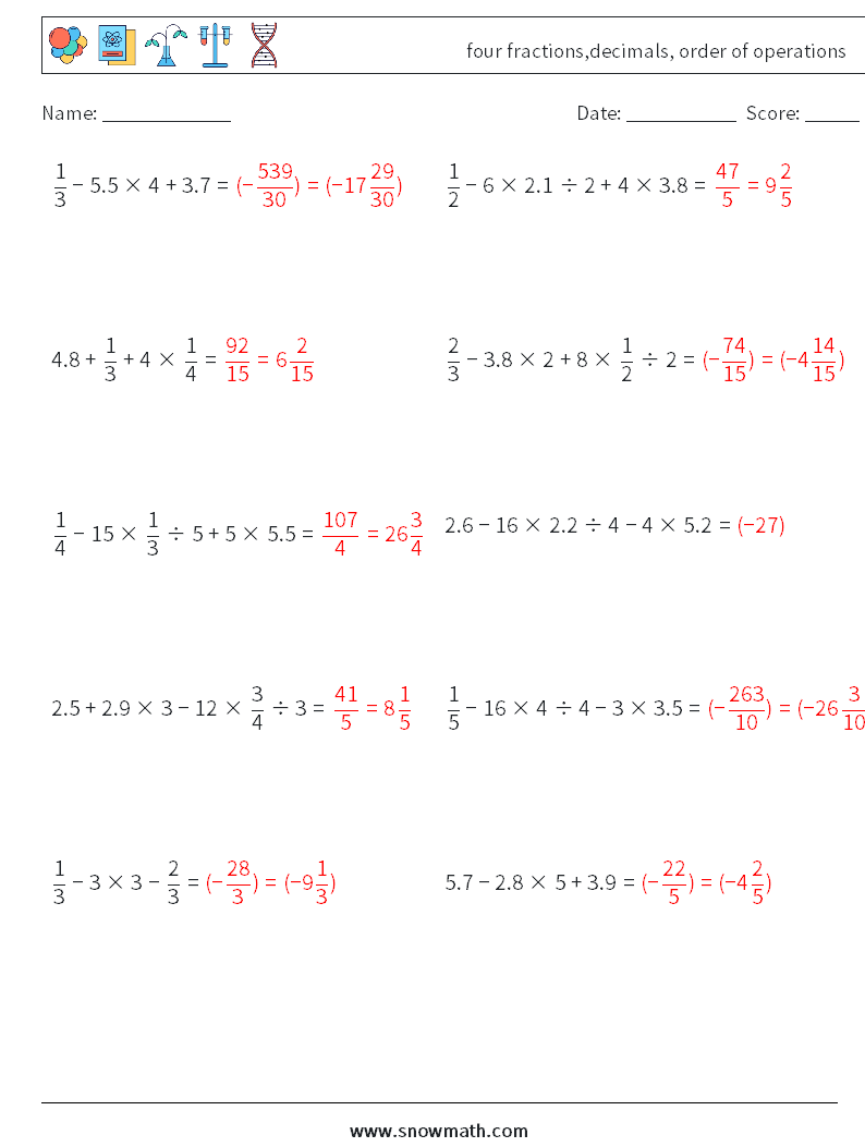 four fractions,decimals, order of operations Math Worksheets 14 Question, Answer