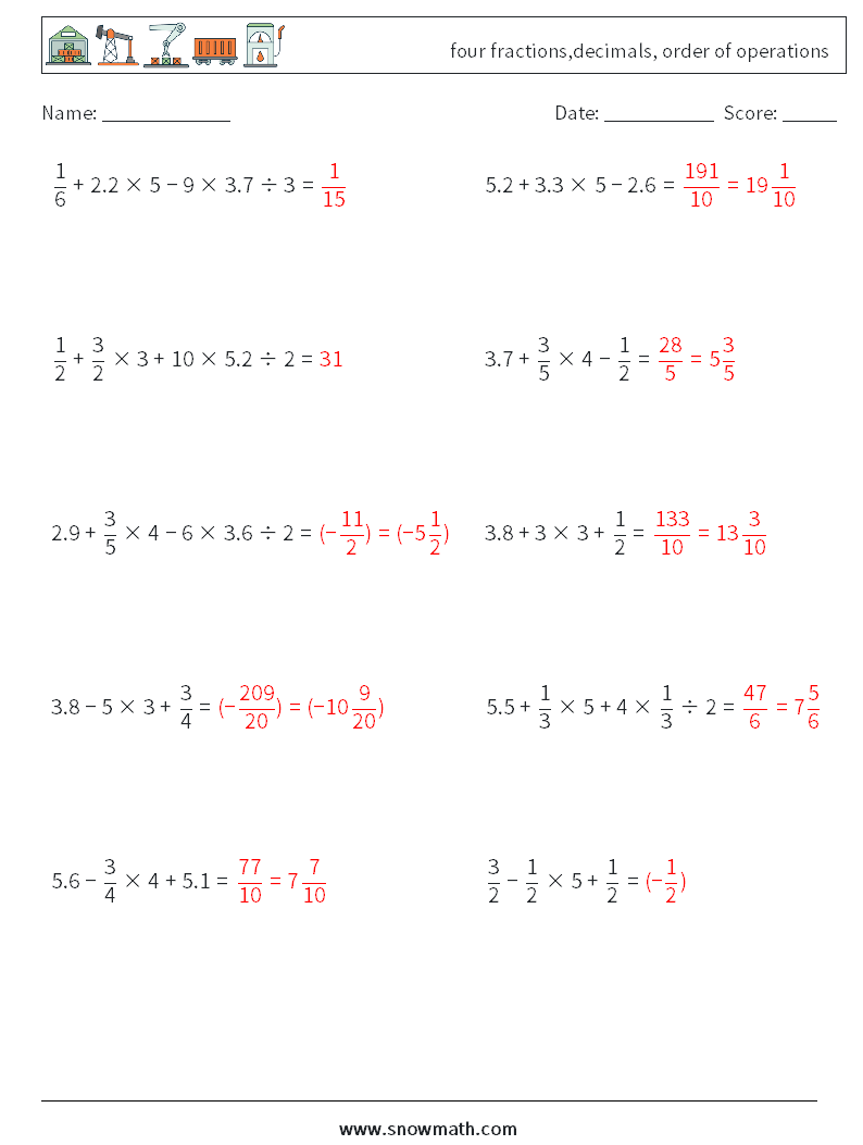 four fractions,decimals, order of operations Math Worksheets 15 Question, Answer