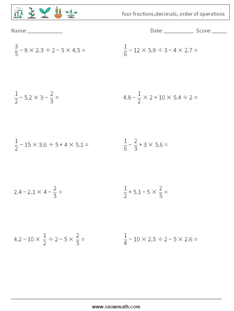 four fractions,decimals, order of operations Math Worksheets 16