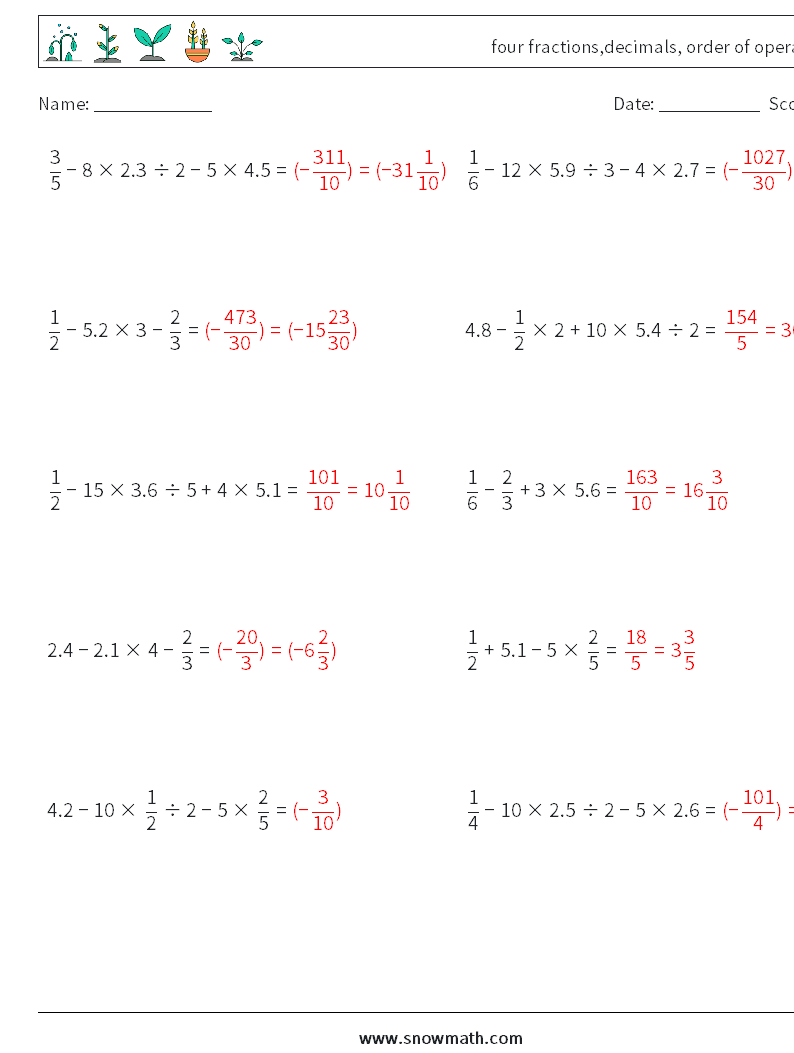 four fractions,decimals, order of operations Math Worksheets 16 Question, Answer