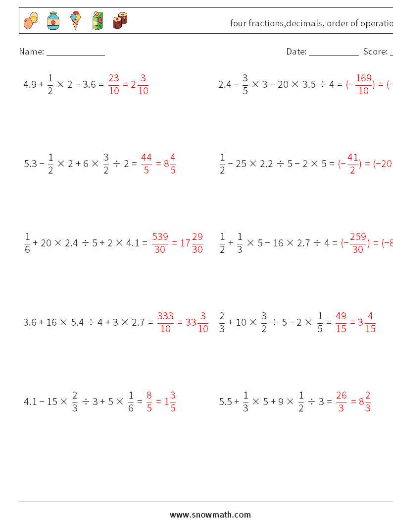 four fractions,decimals, order of operations Math Worksheets 17 Question, Answer