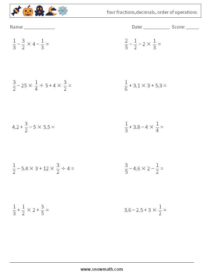 four fractions,decimals, order of operations Math Worksheets 18