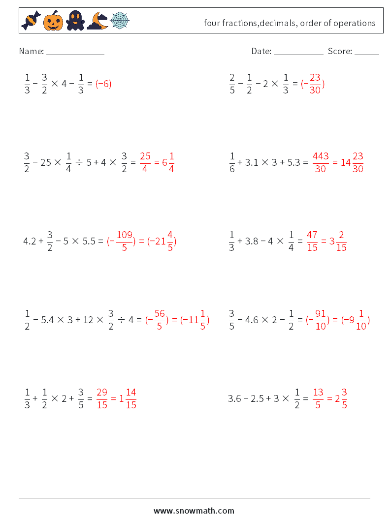 four fractions,decimals, order of operations Math Worksheets 18 Question, Answer