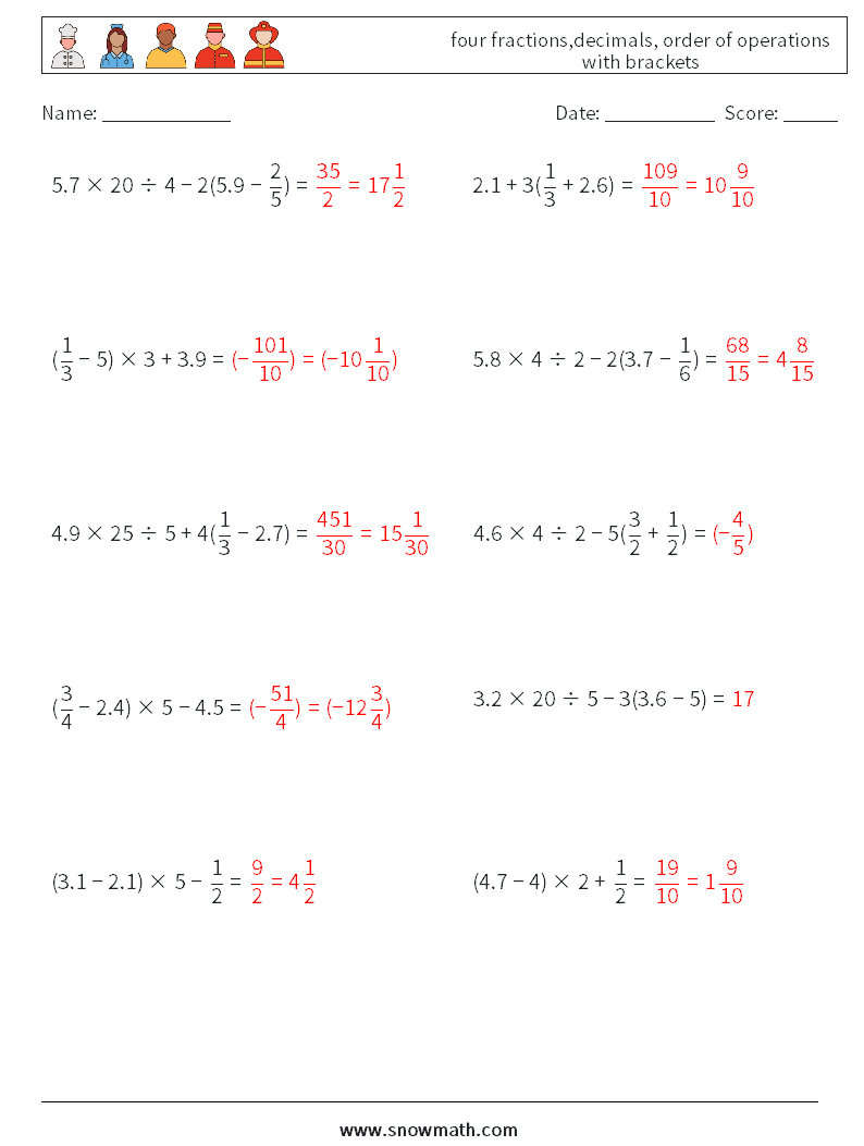 four fractions,decimals, order of operations with brackets Math Worksheets 10 Question, Answer