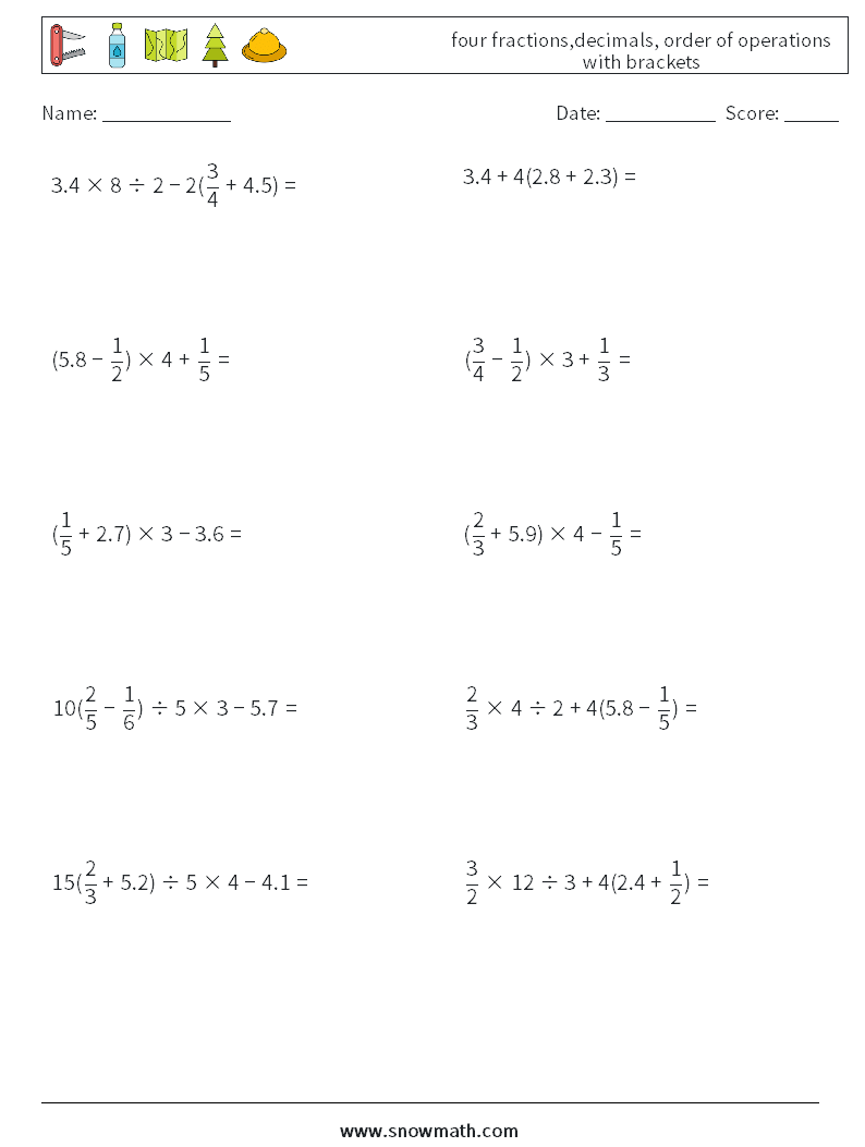 four fractions,decimals, order of operations with brackets Math Worksheets 14