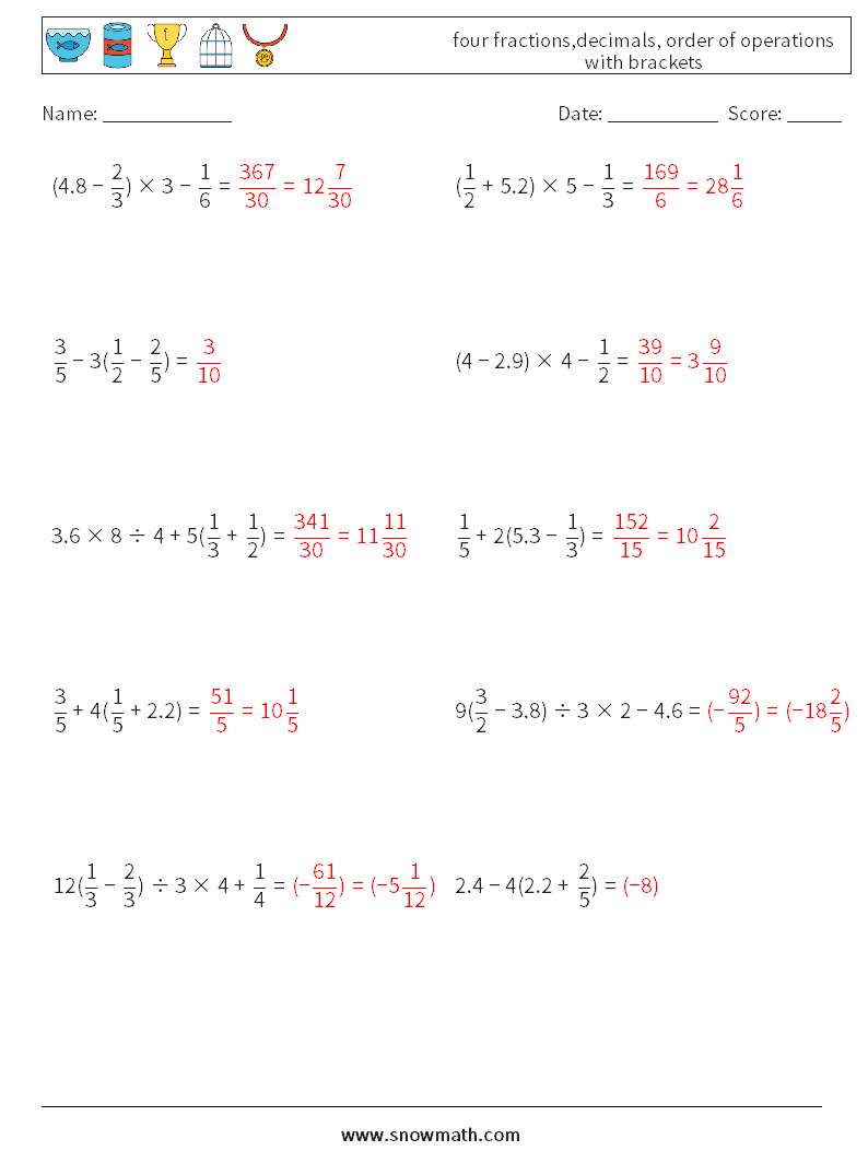 four fractions,decimals, order of operations with brackets Math Worksheets 17 Question, Answer