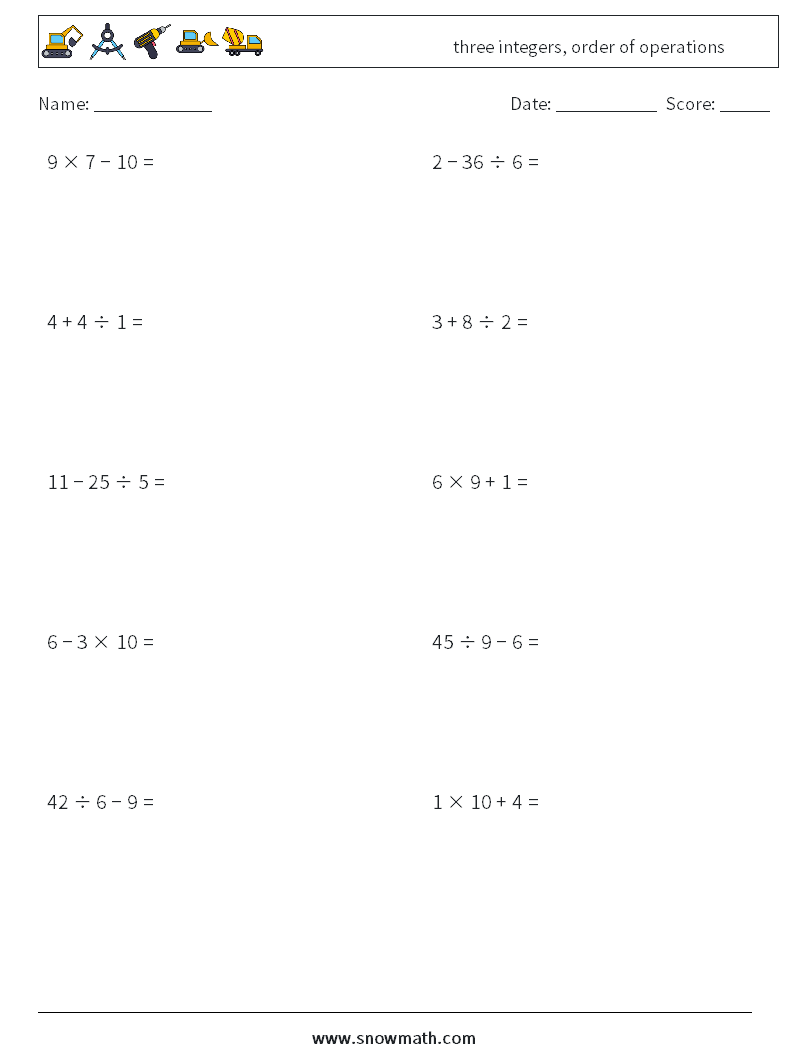 three integers, order of operations Math Worksheets 10