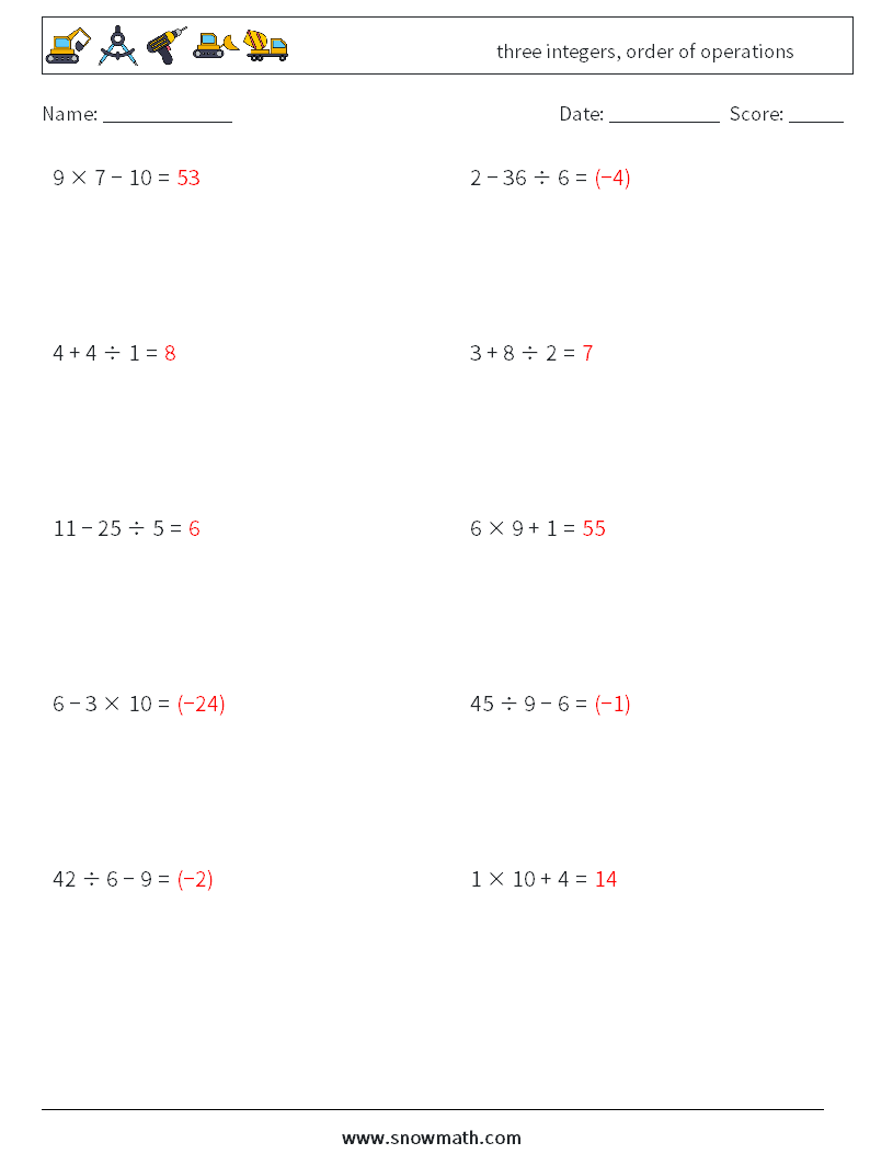 three integers, order of operations Math Worksheets 10 Question, Answer