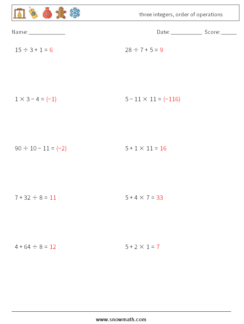 three integers, order of operations Math Worksheets 11 Question, Answer