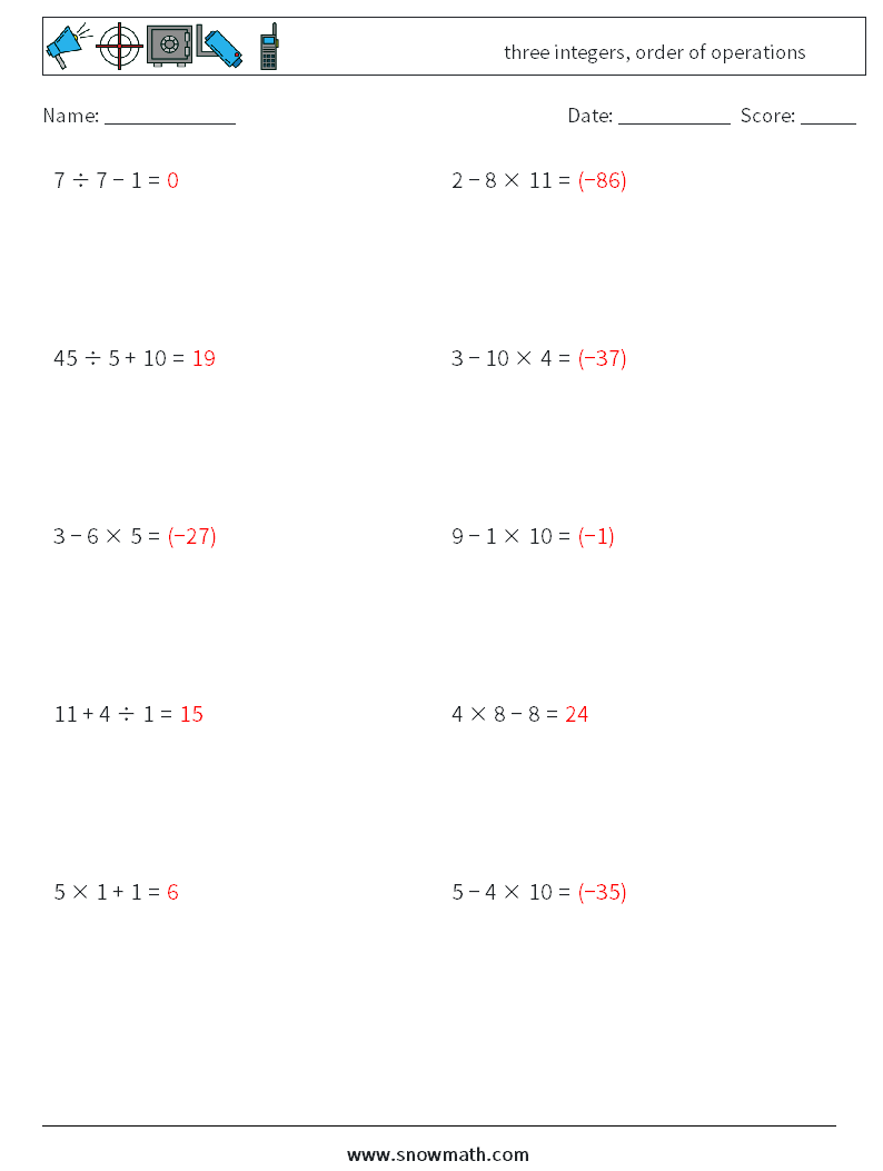 three integers, order of operations Math Worksheets 12 Question, Answer