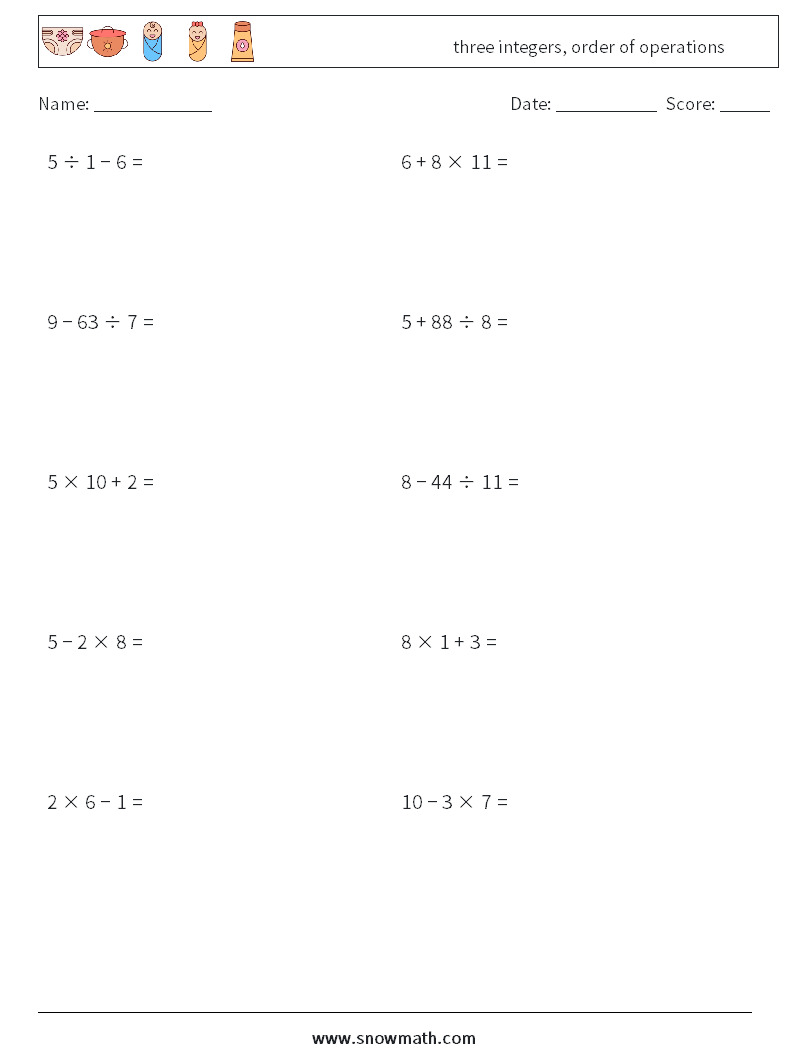 three integers, order of operations Math Worksheets 13