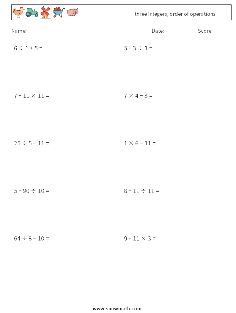 three integers, order of operations Math Worksheets 14