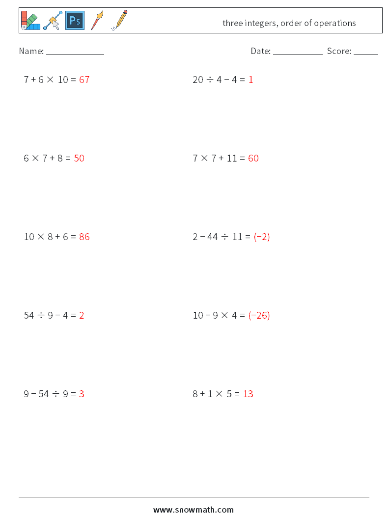 three integers, order of operations Math Worksheets 16 Question, Answer