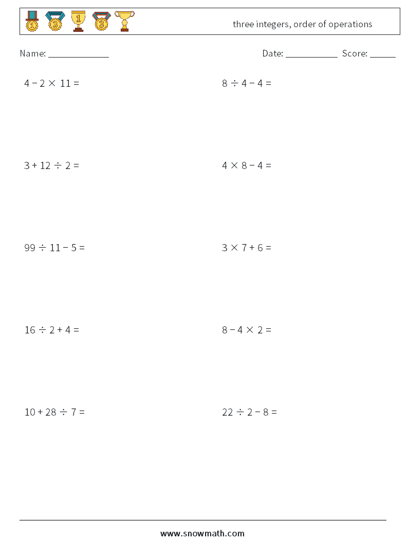 three integers, order of operations Math Worksheets 17