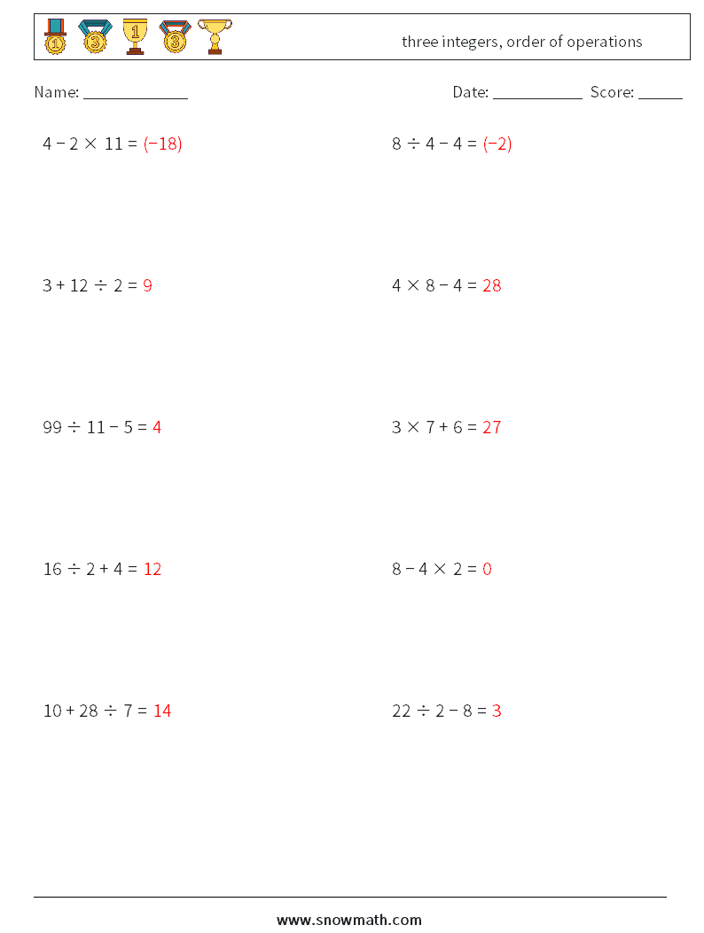three integers, order of operations Math Worksheets 17 Question, Answer