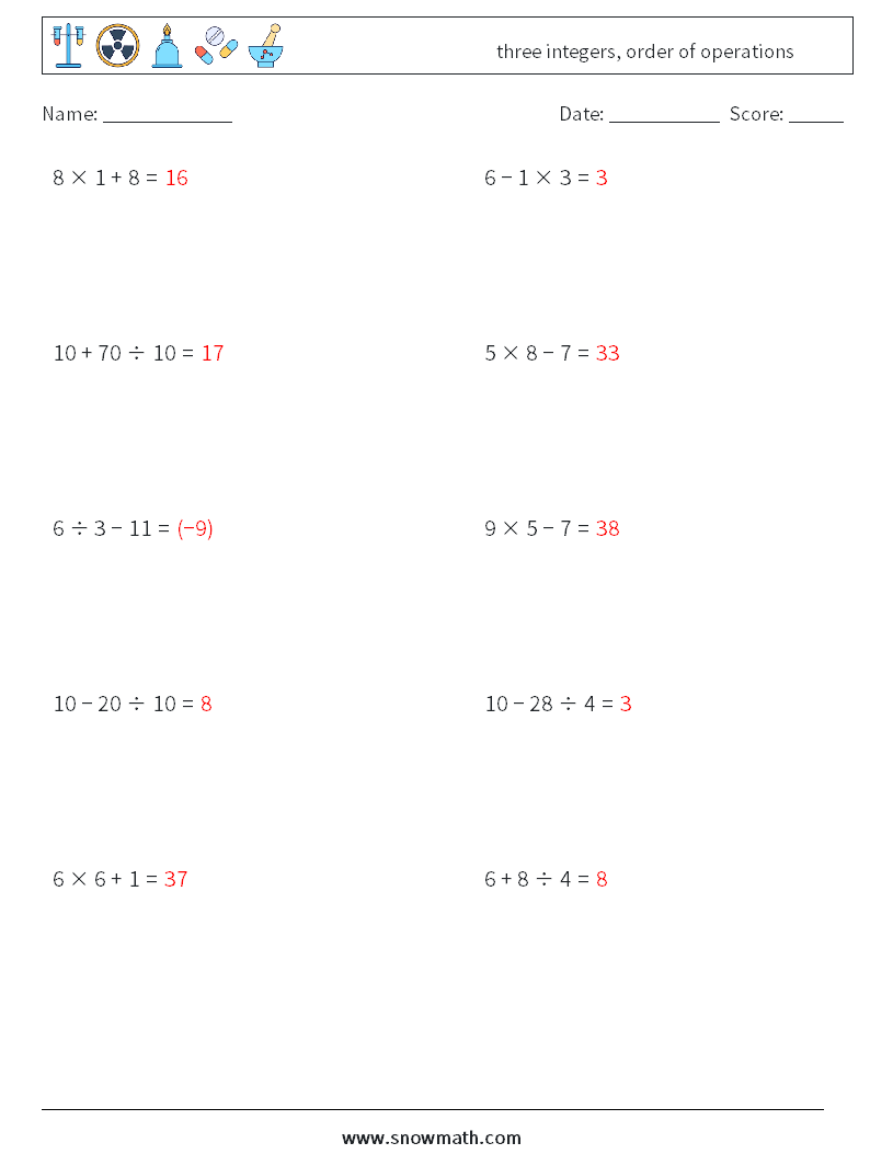 three integers, order of operations Math Worksheets 18 Question, Answer