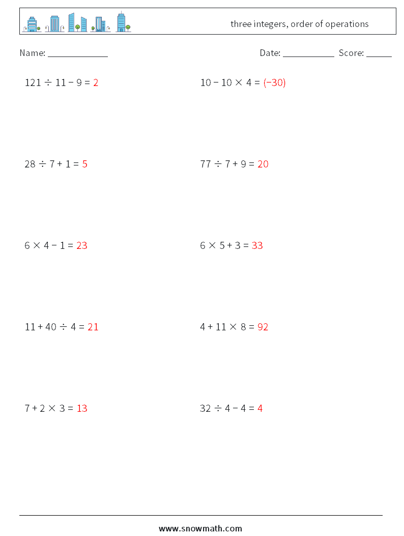 three integers, order of operations Math Worksheets 1 Question, Answer