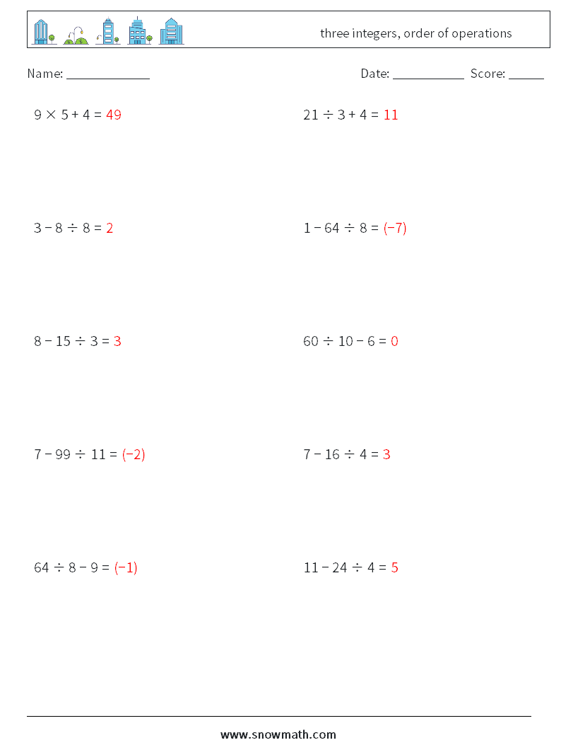 three integers, order of operations Math Worksheets 2 Question, Answer