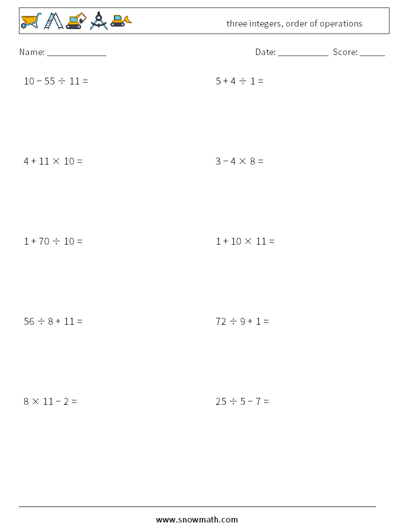 three integers, order of operations Math Worksheets 3