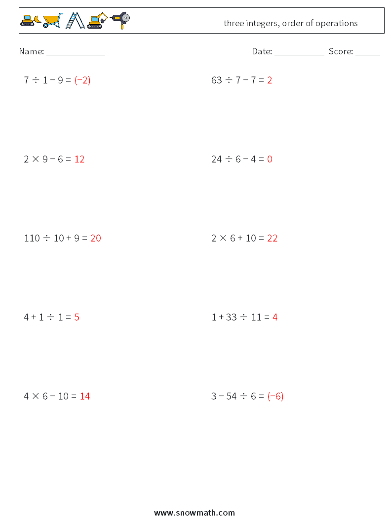 three integers, order of operations Math Worksheets 5 Question, Answer