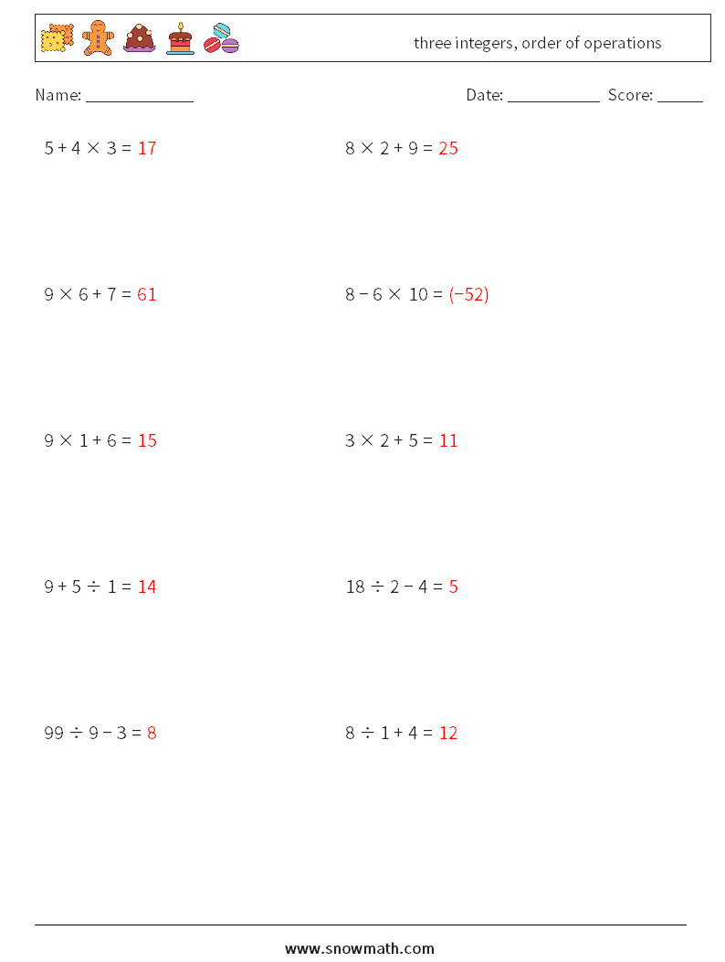 three integers, order of operations Math Worksheets 6 Question, Answer