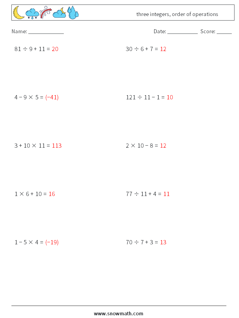 three integers, order of operations Math Worksheets 7 Question, Answer