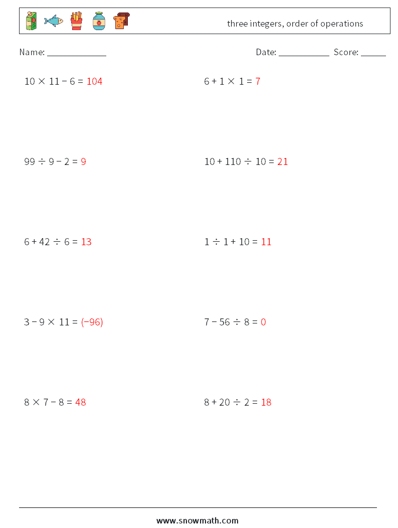 three integers, order of operations Math Worksheets 8 Question, Answer