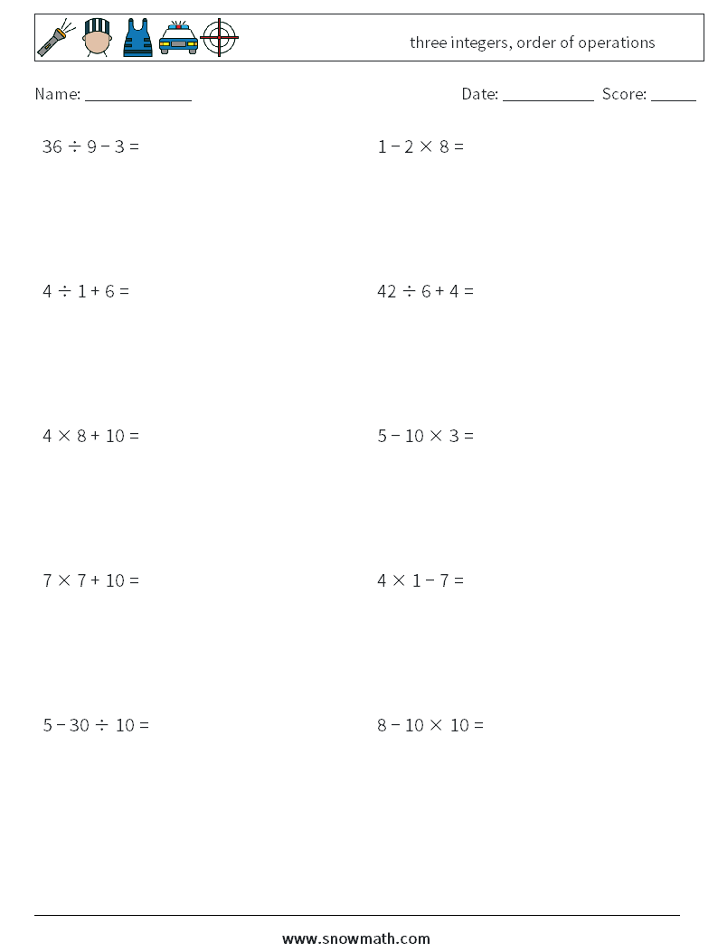 three integers, order of operations Math Worksheets 9