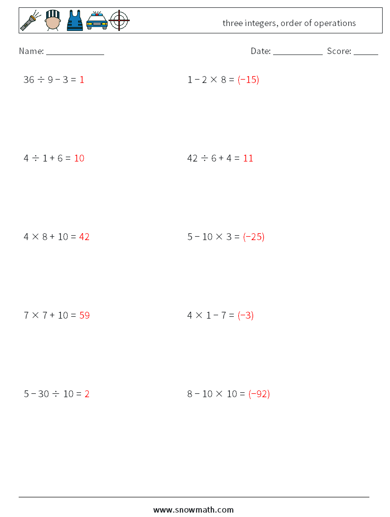 three integers, order of operations Math Worksheets 9 Question, Answer