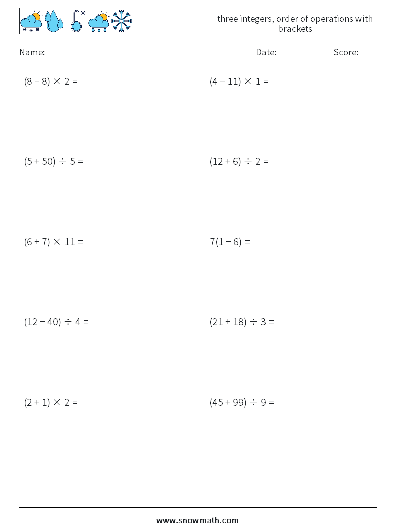 three integers, order of operations with brackets Math Worksheets 1