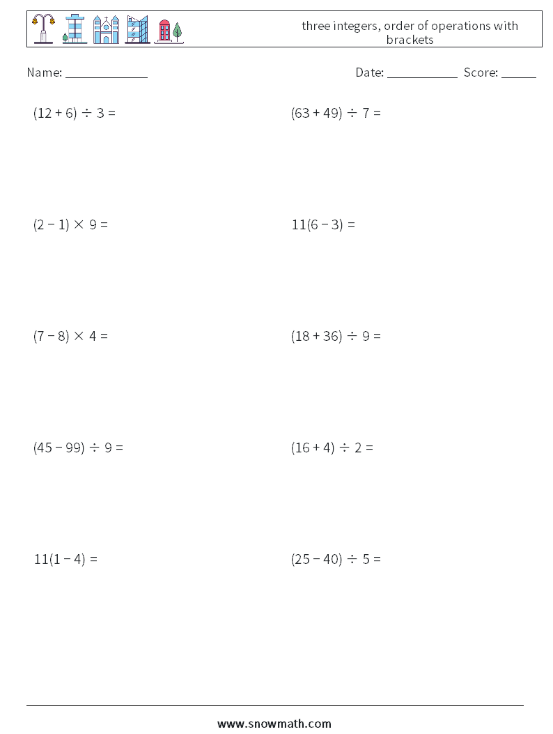 three integers, order of operations with brackets Math Worksheets 12