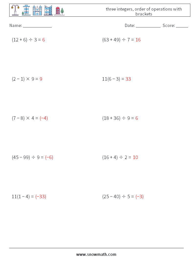 three integers, order of operations with brackets Math Worksheets 12 Question, Answer