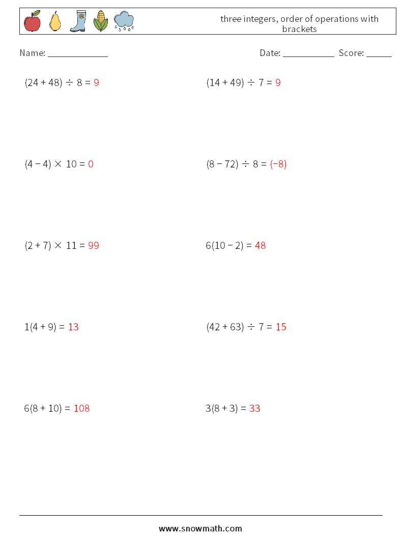 three integers, order of operations with brackets Math Worksheets 13 Question, Answer