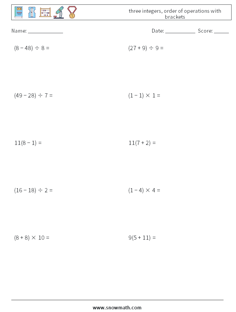 three integers, order of operations with brackets Math Worksheets 14