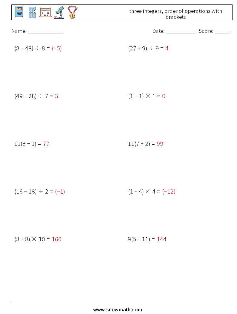 three integers, order of operations with brackets Math Worksheets 14 Question, Answer