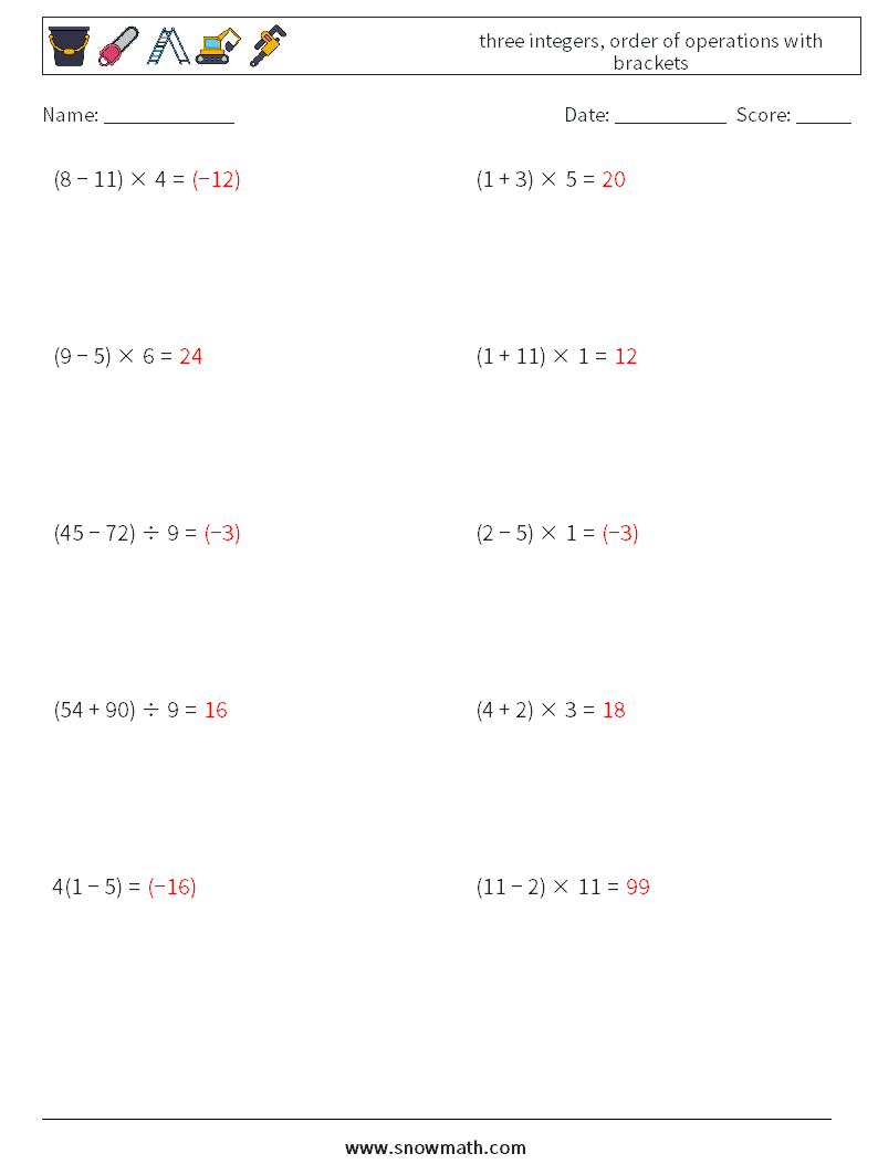 three integers, order of operations with brackets Math Worksheets 15 Question, Answer
