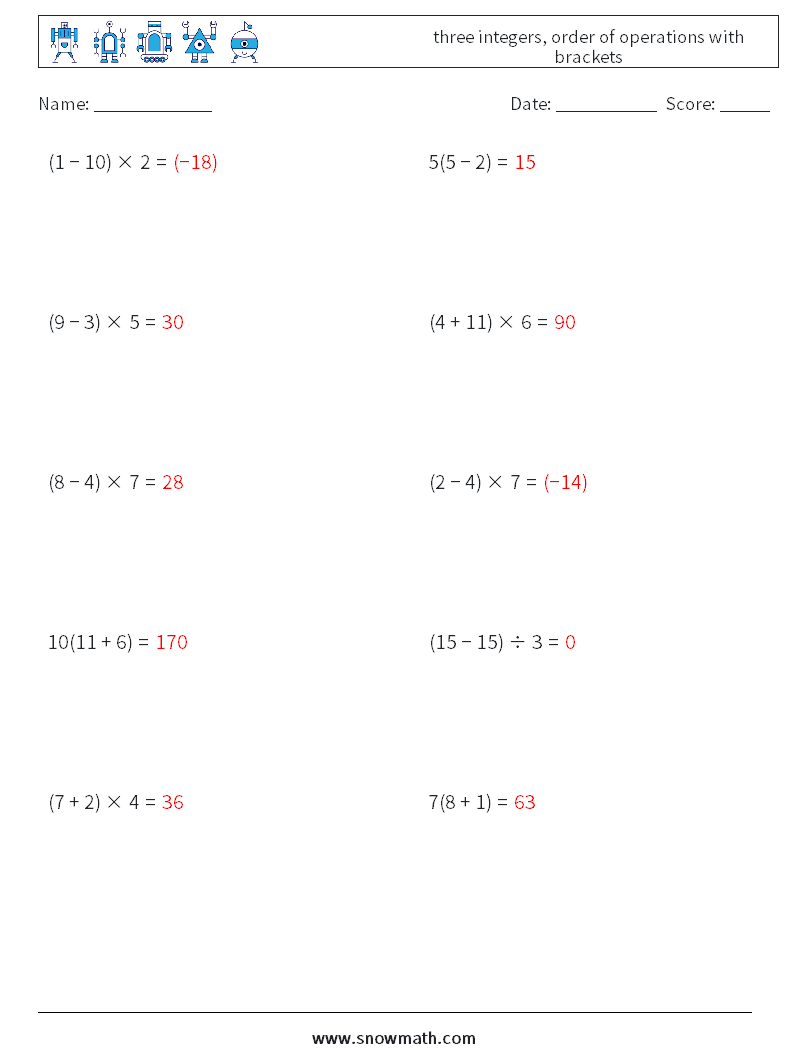 three integers, order of operations with brackets Math Worksheets 16 Question, Answer