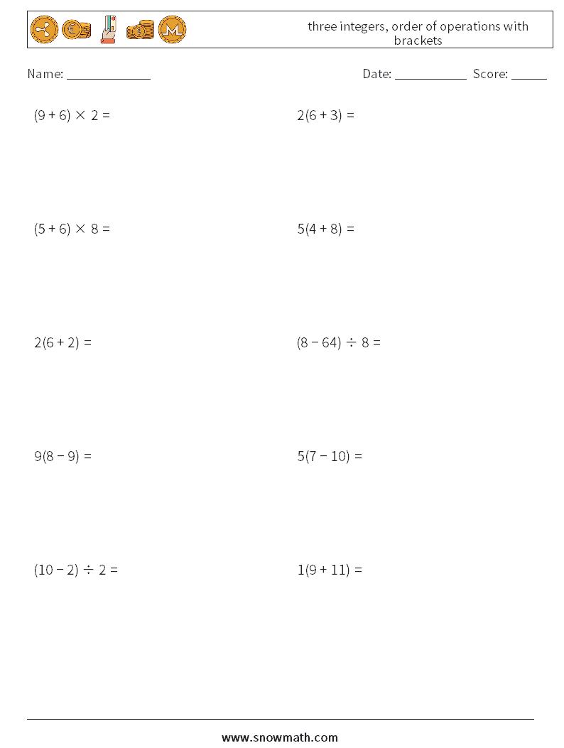 three integers, order of operations with brackets Math Worksheets 17