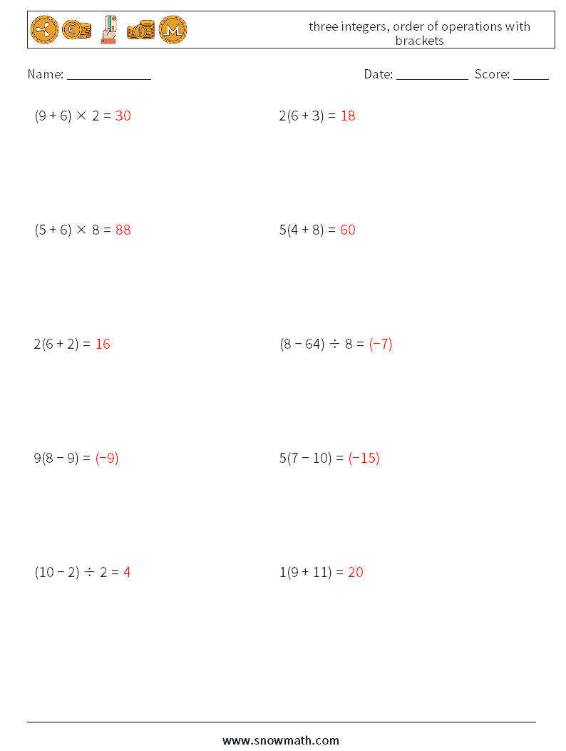 three integers, order of operations with brackets Math Worksheets 17 Question, Answer