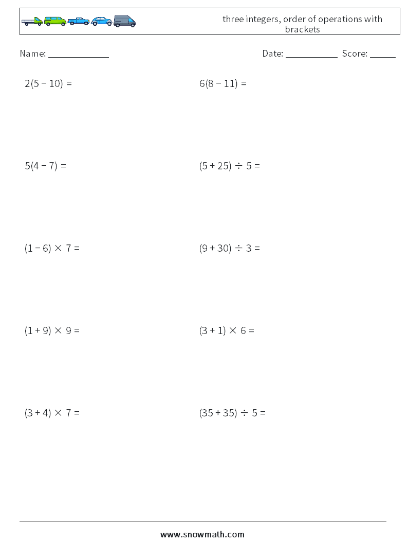 three integers, order of operations with brackets Math Worksheets 18
